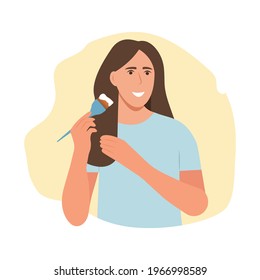  Beautiful girl  applying  hair mask, doing home spa procedure.Woman take care about her hair.Vector illustration