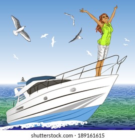 beautiful girl with arms outstretched on yacht deck 