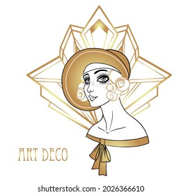 Beautiful girl in art deco style. Retro fashion: glamour woman of twenties. Vector illustration. Flapper 20's style. Vintage party or thematic invitation design template.