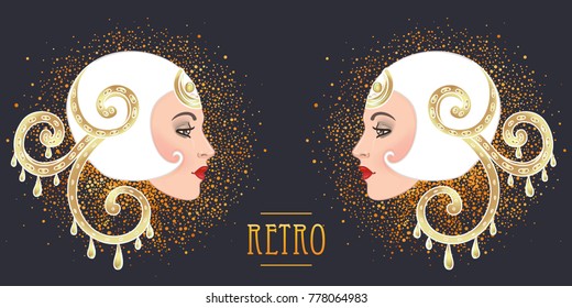 Beautiful girl in art deco style. Profile view. Retro fashion: glamour woman of twenties. Vector illustration. Flapper 20's style. Vintage party or thematic wedding invitation design template.