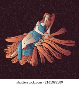 beautiful girl in art nouveau style in the form of a nymph or fairy, hand-drawn with a calligraphy brush, sitting on a flower