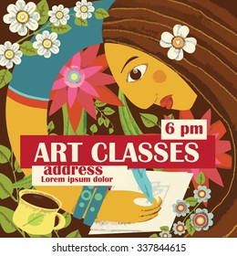 Beautiful girl artist drawing by feather with her cup of tea or coffee. Tropical colors and flat design. Floral background. Art classes ad template.