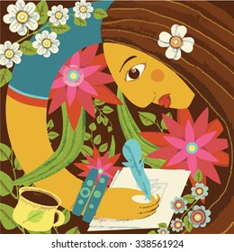 Beautiful girl artist drawing by feather with her cup of tea or coffee. Tropical colors and flat shadowed design. Floral background.