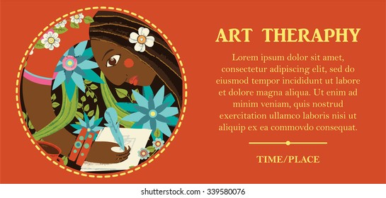 Beautiful girl artist drawing by feather with her cup of tea or coffee. Tropical colors and flat design.Trendy red background.