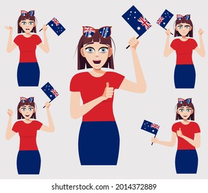 A Beautiful girl with the Australian flag. A set of fan emotions. Vector illustration in cartoon style.