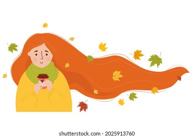 Beautiful girl with autumn leaves in long red-haired developing hair with coffee. Vector illustration. autumn Character in flat style for design, decor, cards, posters