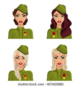 Beautiful girl avatar young military personnel, military theme, stylish people. Special clothes, vintage hairstyle, forage cap, uniforms, awards, medals. Vector illustration