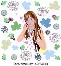 Beautiful girl with backpack talking on the phone. Summer and nature. Vector 10.