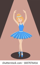 Bella bailarina de danza azul en el escenario bajo los reflectores. Ilustración vectorial.