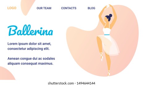 Beautiful Girl Ballerina in White Pointe Shoes and Tutu Skirt Stand in Dancing Position, Performing on Stage. Woman Artist Prepare for Dance Show. Cartoon Flat Vector Illustration, Horizontal Banner
