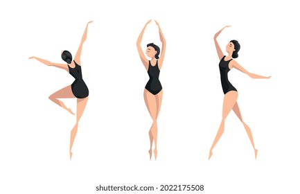 Beautiful Girl Ballet Dancer Dancing in Black Leotard Set, Young Woman Performing Gymnastics Exercises Cartoon Vector Illustration