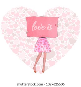 beautiful girl with a banner with words love is. card. illustration