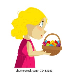 Beautiful girl with basket of paschal eggs. Happy easter. Vector art-illustration.