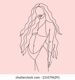 Beautiful girl in a bathing suit Line Art. Summer illustration of a girl on the beach line drawing,Minimalists logo for lingerie