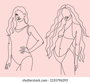Beautiful girl in a bathing suit Line Art. Summer illustration of a girl on the beach line drawing,Minimalists logo for lingerie
