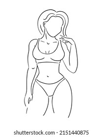 Beautiful girl in a bathing suit. Outline contour. Design element. Vector illustration isolated on white background. Template for books, stickers, posters, cards, clothes.