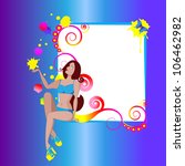 the beautiful girl in a bathing suit sits on a frame and catches color spots