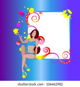 the beautiful girl in a bathing suit sits on a frame and catches color spots