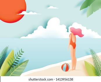 Beautiful girl with Beautiful beach background paper art and pastel color scheme vector illustation