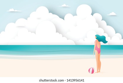 Beautiful girl with Beautiful beach background paper art and pastel color scheme vector illustation