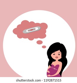 beautiful girl with belly thinks about pregnancy with two dough strips on a pink background
