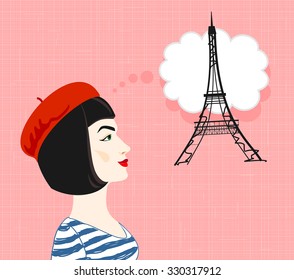 A beautiful girl in a beret dreams of Paris. Vector.