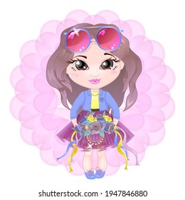 Beautiful girl with big eyes with a bouquet of flowers in her hands. Fashionable girl in a jacket and a fluffy skirt, in pink sunglasses