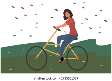 
Beautiful girl with a bike nature walk. Cartoon flat vector illustration. A woman rides on the green grass. Spring Autumn Design joy for various purposes.