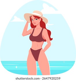 Linda menina de biquíni e chapéu de sol de verão relaxando na praia, mulher tomando banho de sol nas férias. Ilustração do vetor de estoque