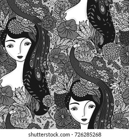 Beautiful girl with a bird and flowers seamless pattern.