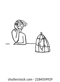 Beautiful girl and bird. Line sketch 