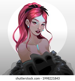 Beautiful girl with black dress and red hair. Vector fashion illustration.
