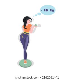 A beautiful girl with black hair and an apple in her hands. A girl who wants to know her weight and for this she got on the scale. Diet as a way of life.