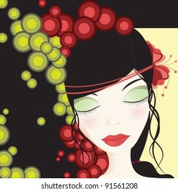 Beautiful girl with black hair and with many colorful circles.