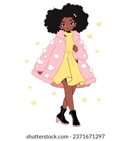 Beautiful girl in black heeled boots, pink winter jacket with fur, yellow dress. With bow in fluffy curly hair. Autumn, winter accessories. Cute cartoon hand drawn style vector illustration.