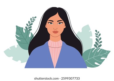 Beautiful Girl with black Long Hair. Modern Female Portrait Eastern Asian woman with almond-shaped eyes surrounded by tropical leaves. Vector illustration in flat style