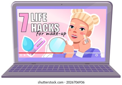 Beautiful girl blogger recording movie about everyday make up, video blog about beauty for social networks. Girl doing make-up tutorial for internet users. Video player interface with life hacks