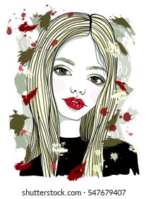 Beautiful girl with blond hair and red lips. Fashion vector illustration on abstract background