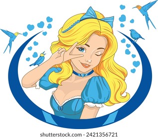beautiful girl, beautiful girl with blonde hair and blue dress, and birds