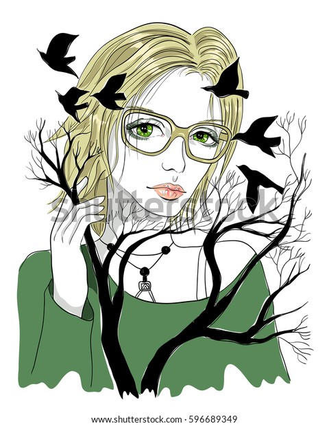 Beautiful Girl Blonde Hair Glasses Trees Stock Vector Royalty