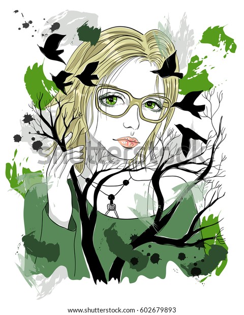 Beautiful Girl Blonde Hair Glasses Trees Stock Vector Royalty