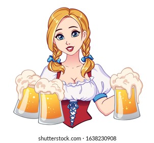 Beautiful Girl With Blonde Pigtails And Big Blue Eyes Holding Beer Mugs. Hand Draw Vector Illustration For St.Patricks Day Or Octoberfest Greeting Card, Banner.