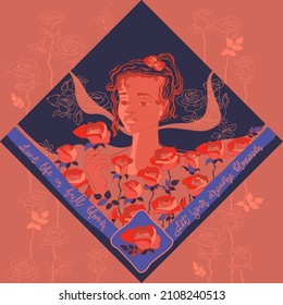 Beautiful girl with blossom. Portrait of woman with flowers. Vector.