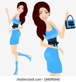 Beautiful girl in a blue dress with cute bag