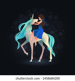 Beautiful girl in blue dress riding white unicorn