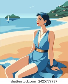 A beautiful girl in a blue dress sits on the seashore. South Beach. Yacht on the horizon.Flat minimal retro vector. Vintage character illustration. Pop art style.