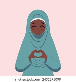 Hermosa chica en hijab azul. Las mujeres con ropa religiosa islámica formaron el corazón con ambas expresiones de las manos. Diseño plano, cartel para el día mundial del hijab. 