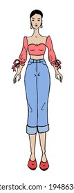 Beautiful girl in blue jeans pants and red blouse, simple bright fashion illustration, flat vector