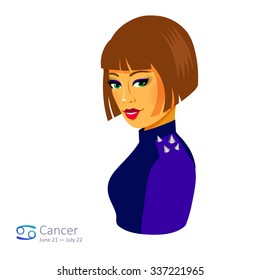 Beautiful girl with bob haircut - cancer. Sign of the zodiac. Horoscope. Astrology. Vector isolated illustration. Cartoon characters. Sign of the zodiac.