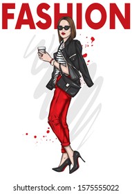 Beautiful girl with a bob hairstyle in a stylish jacket, jeans and high-heeled shoes. Woman with a glass of coffee. Fashion and style, clothes and accessories. Vector illustration for a card or poster